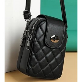 Stylish Black Quilted Crossbody Multiple Compartments Phone Bag