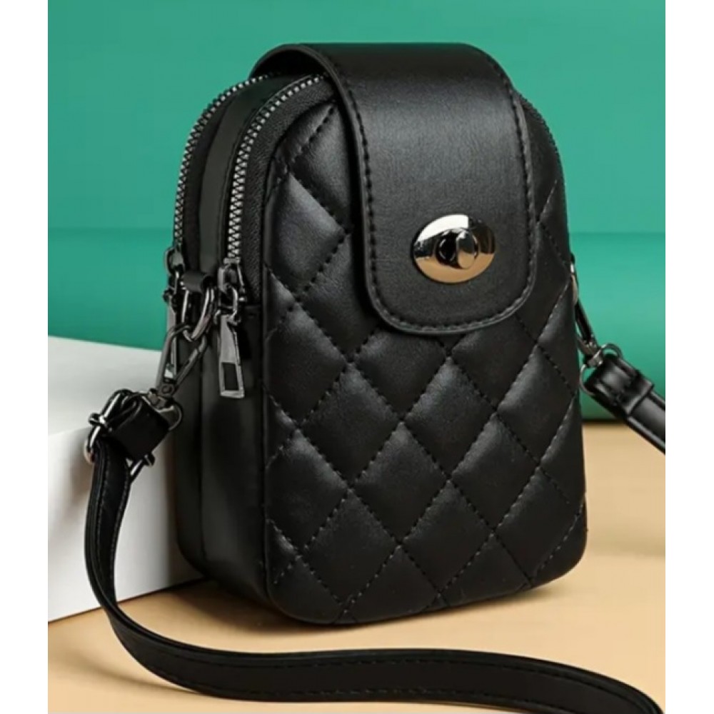 Stylish Black Quilted Crossbody Multiple Compartments Phone Bag