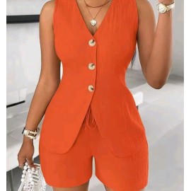 Women's V-Neck Single-Breasted Sleeveless Top and Leased Up Short Set