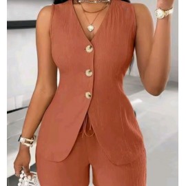 Women's V-Neck Single-Breasted Sleeveless Top and Leased Up Short Set