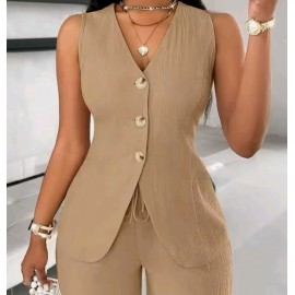 Women's V-Neck Single-Breasted Sleeveless Top and Leased Up Short Set
