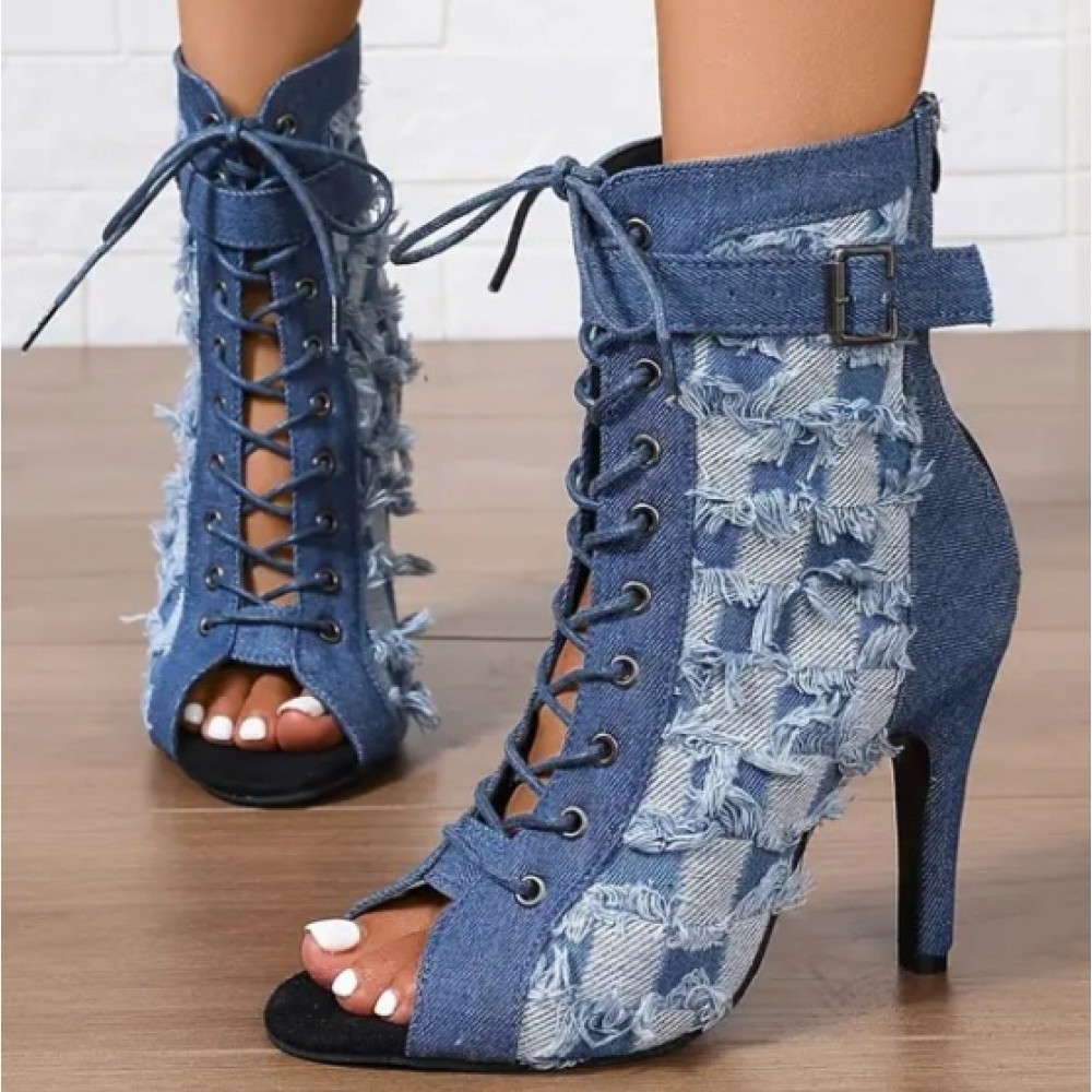 Women's Jean Style Lace-Up Stiletto Boots