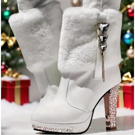 Women's Stylish Rhinestone Tassel Fuzzy Lined Boots with plush fur lining