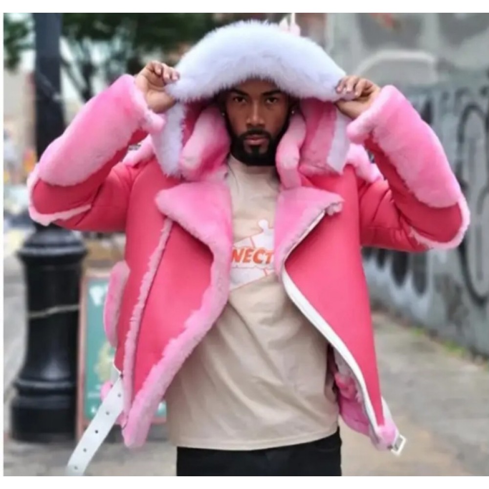 Men's Pink Stylish Winter Jacket with Thick Faux Fur Hood