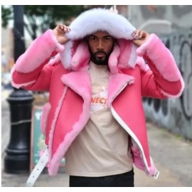 Men's Pink Stylish Winter Jacket with Thick Faux Fur Hood