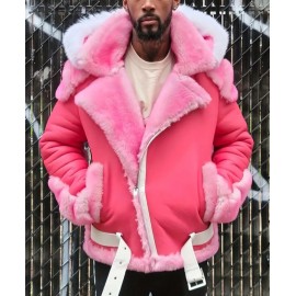 Men's Pink Stylish Winter Jacket with Thick Faux Fur Hood