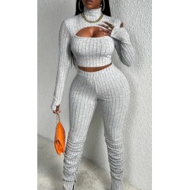 Women's Elegant High-Neck Long Sleeve Sweater Pants Suit