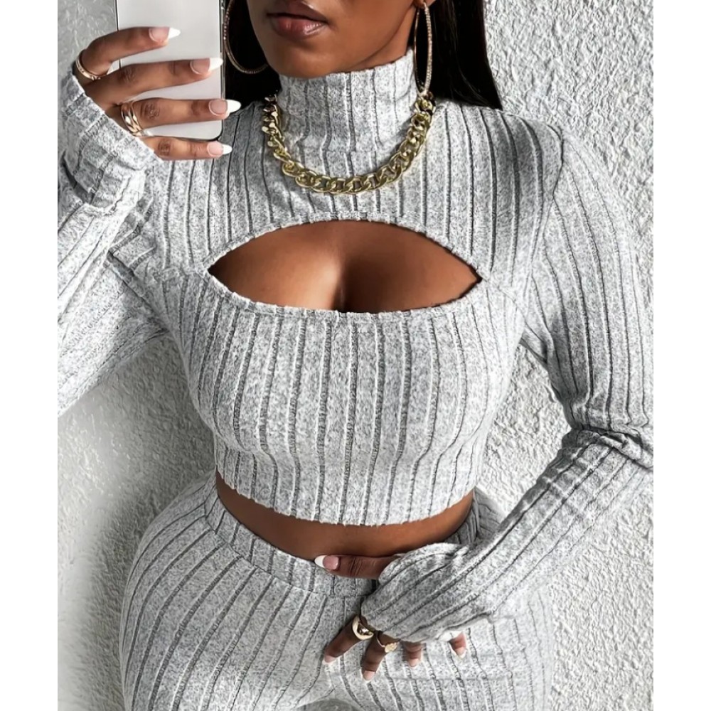 Women's Elegant High-Neck Long Sleeve Sweater Pants Suit