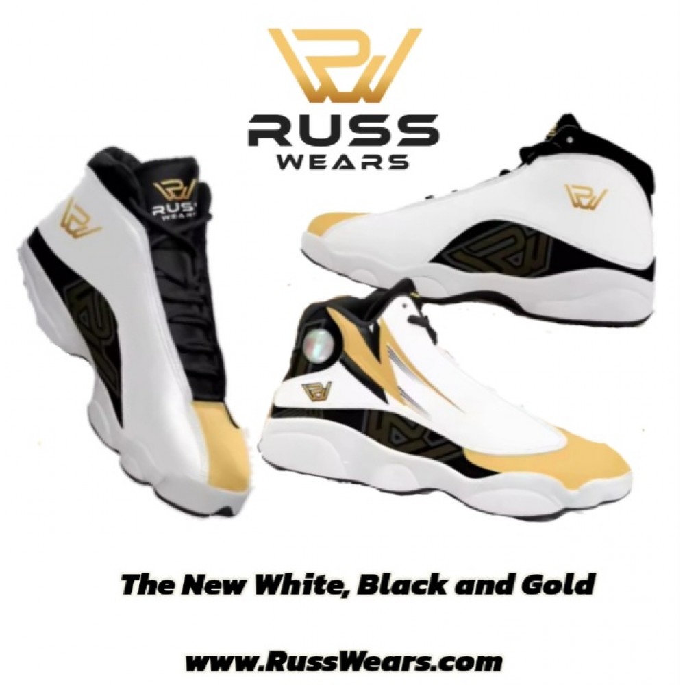 New Russ Wears White, Black and Gold Unisex Sport Sneaker